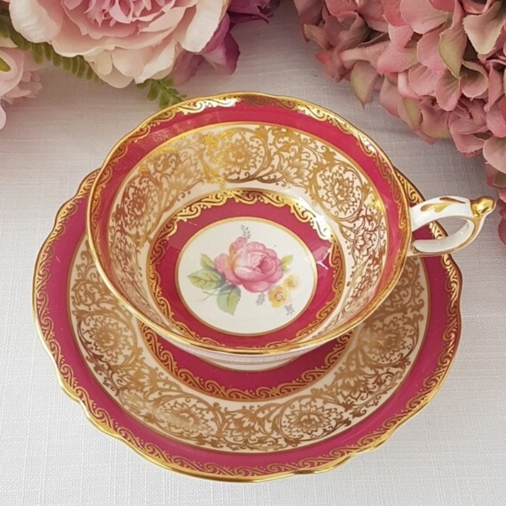 Paragon Pink and Gold Tea Cup and Saucer, with Pink Cabbage Rose, Double Warrant